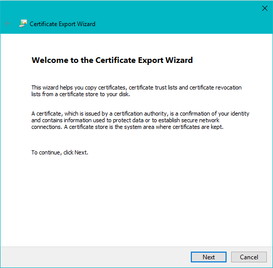 SSL certificate export wizard on windows server