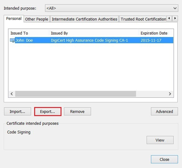 Export Code Signing in IE